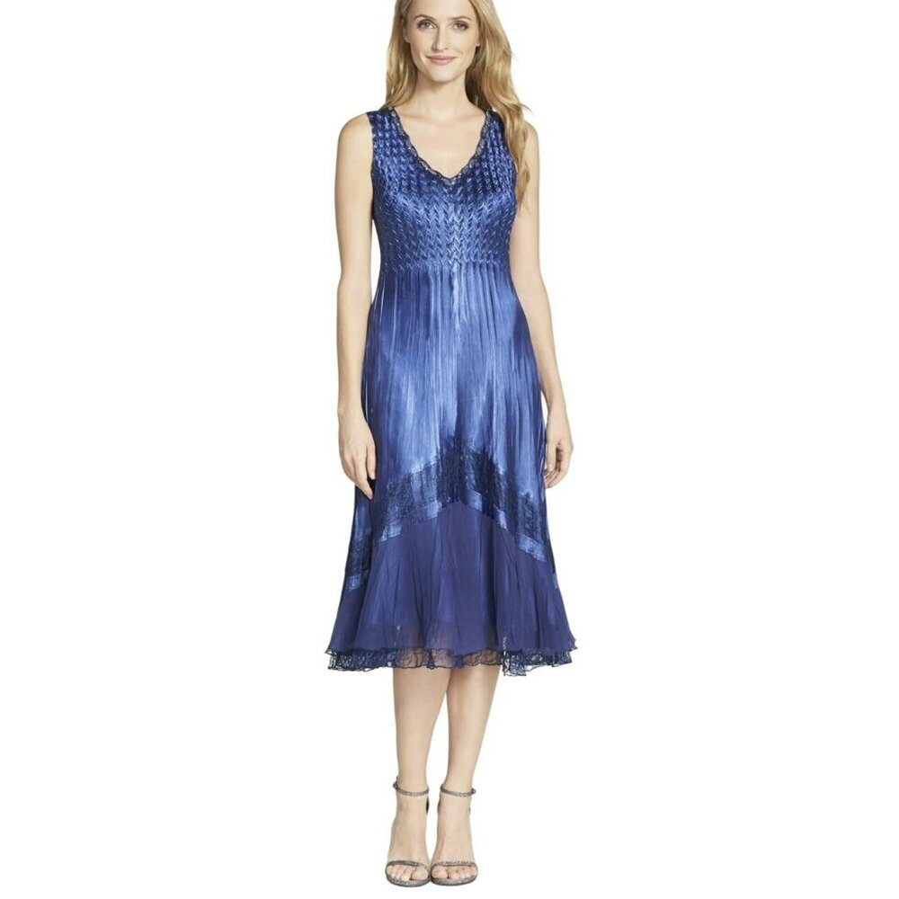 Komarov Lace Trim Charmeuse & Chiffon Blue Dress NWOT Size M